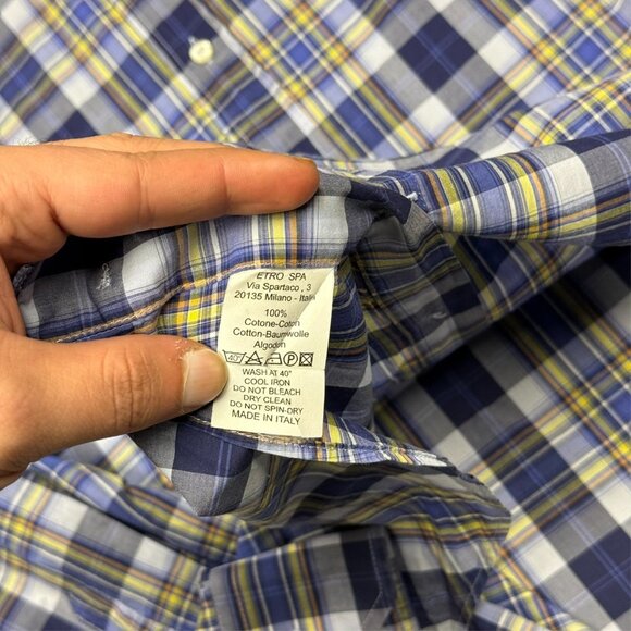 ETRO Dress Shirt Plaid Blue Long Sleeve Cotton Made in Italy 43 17 XL - Picture 8 of 9